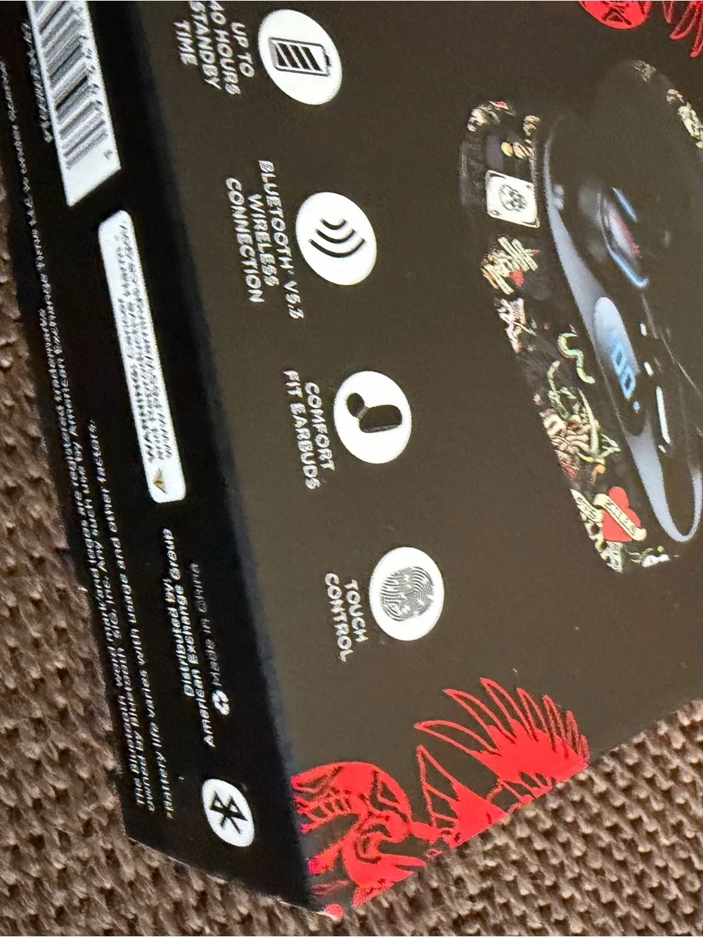 Ed Hardy Black True Wireless Earbuds with Patterned Charging Case